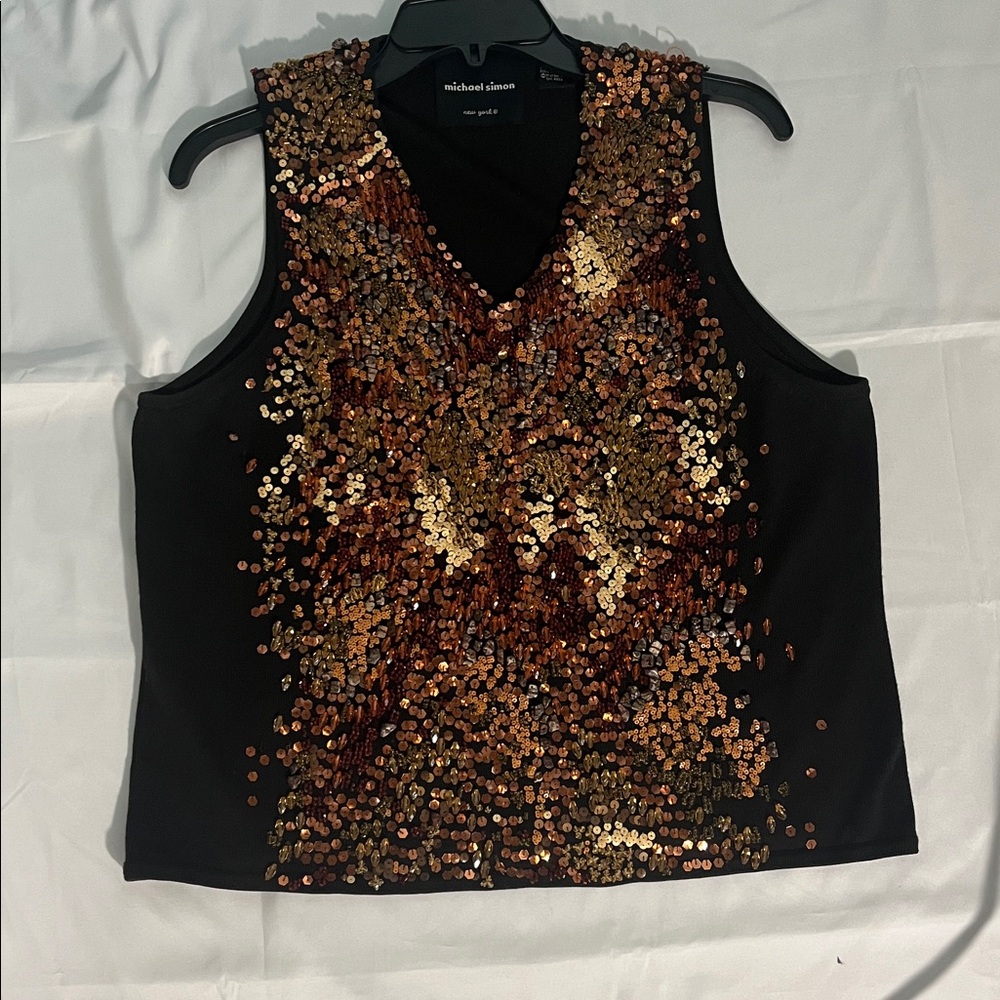 Michael Simon Black and Gold Sequin Tank Top Size XL Lite Vtg 9s